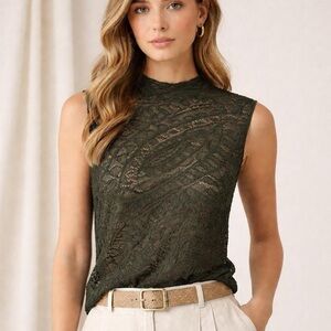 Lafayette 148 New York Olive Green Lace Sleeveless Mock Neck Camisole